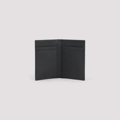 Prada Leather Card Holder Bifold Design Textured Finish In Black
