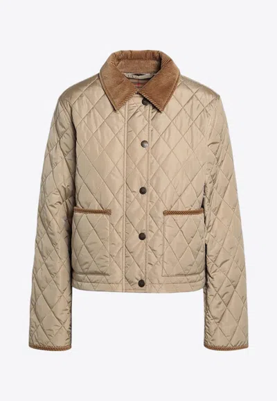 Burberry Cropped Beige Quilted Nylon Jacket Women In Brown