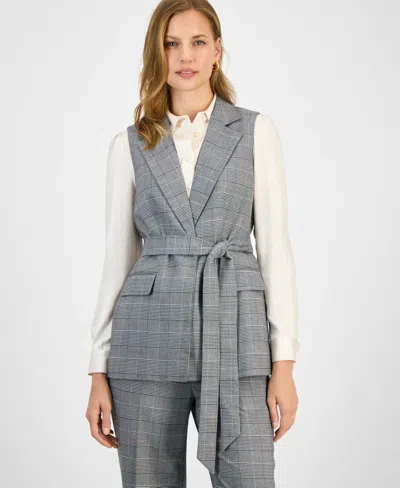 Kasper Windowpane Plaid Belted Vest