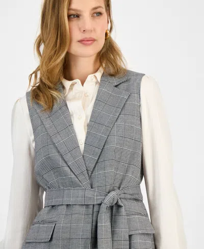 Kasper Windowpane Plaid Belted Vest