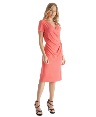 24seven Comfort Apparel Petites Short Sleeve Knee Length Faux Wrap Dress In Pink