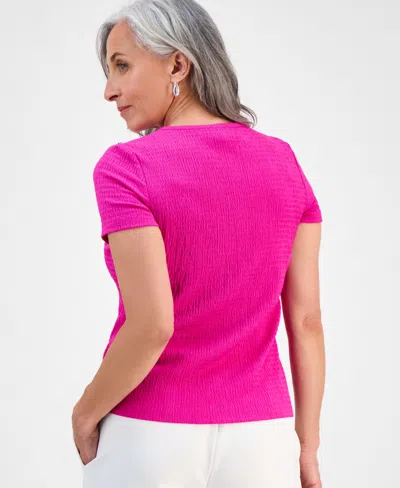 Jones New York Petite Crinkle Bubble-knit Short-sleeve Top In Pink
