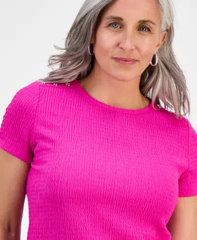 Jones New York Petite Crinkle Bubble-knit Short-sleeve Top In Pink