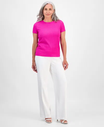 Jones New York Petite Crinkle Bubble-knit Short-sleeve Top In Pink