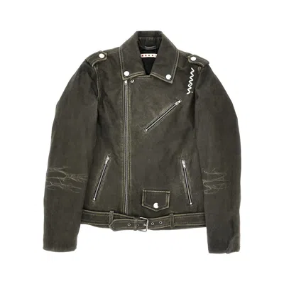 Marni Vintage Effect Leather Biker Jacket Kids In Green