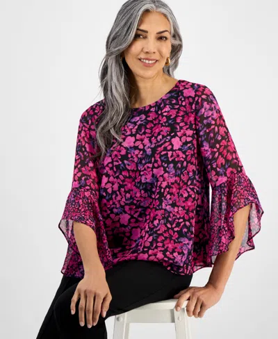 Kasper Plus Size Bell-sleeve Ditsy-print Top In Multi