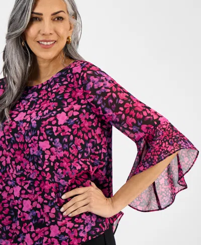 Kasper Plus Size Bell-sleeve Ditsy-print Top In Multi