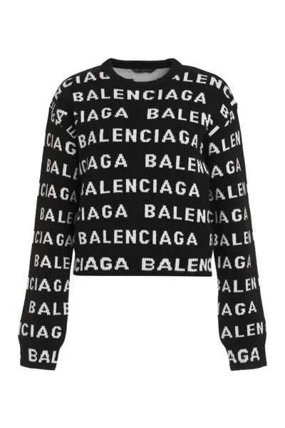 Balenciaga Women Allover Logo Wool Cropped Sweater In Black