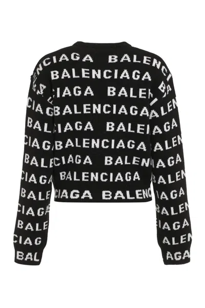 Balenciaga Women Allover Logo Wool Cropped Sweater In Black