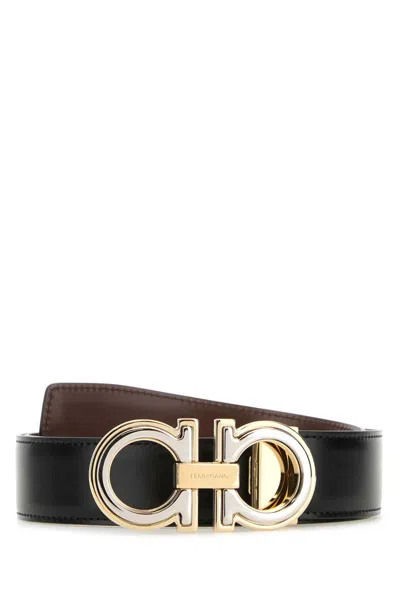 Ferragamo Black Leather Reversible Gancini Belt In Black