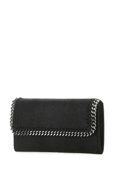 Stella Mccartney Black Continental Wallet With Shaggy Deer Fabric And Ruthenium Chain Trim In Black