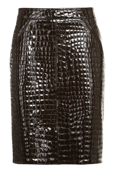 Tom Ford Glossy Croc Print Leather Mini Skirt In Brown