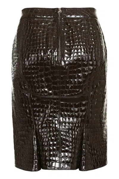 Tom Ford Glossy Croc Print Leather Mini Skirt In Brown
