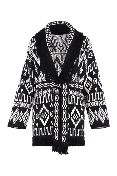 Alanui Belted Fringed Wool-blend Jacquard Cardigan