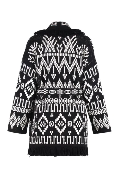 Alanui Belted Fringed Wool-blend Jacquard Cardigan