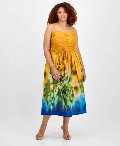 Tahari Asl Plus Size Printed Cotton Sleeveless Midi Dress