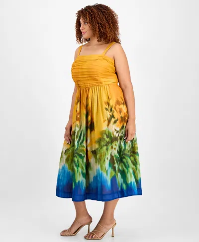 Tahari Asl Plus Size Printed Cotton Sleeveless Midi Dress