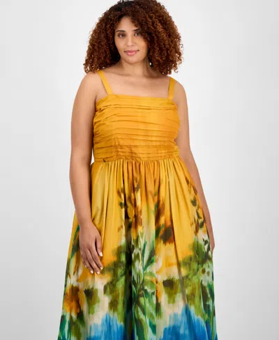 Tahari Asl Plus Size Printed Cotton Sleeveless Midi Dress