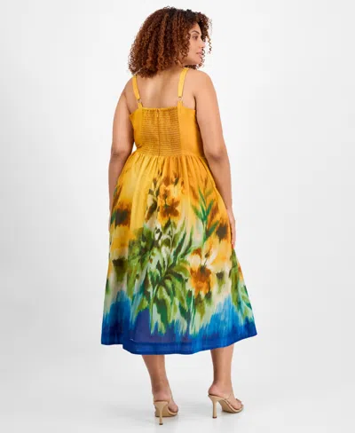 Tahari Asl Plus Size Printed Cotton Sleeveless Midi Dress
