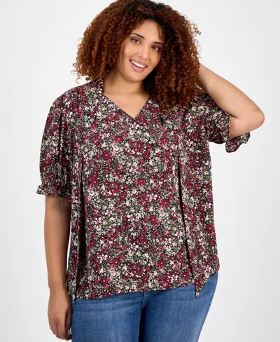 Jones New York Plus Size Printed Tie-neck Short-puff-sleeve Blouse In Multi