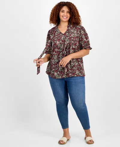 Jones New York Plus Size Printed Tie-neck Short-puff-sleeve Blouse In Multi