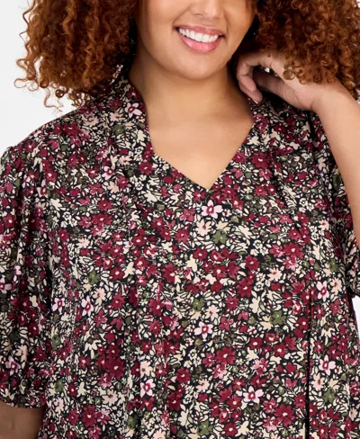 Jones New York Plus Size Printed Tie-neck Short-puff-sleeve Blouse In Multi