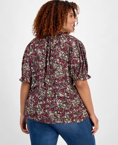 Jones New York Plus Size Printed Tie-neck Short-puff-sleeve Blouse In Multi
