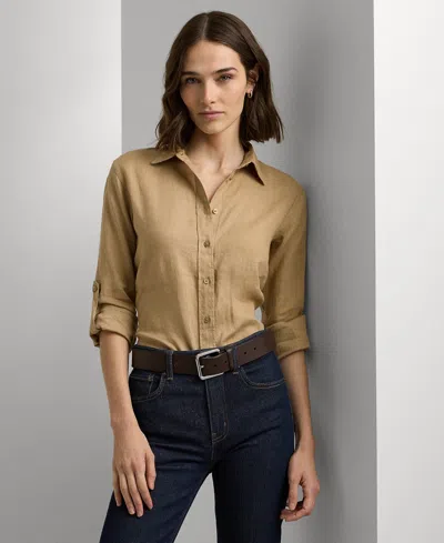 Ralph Lauren Petite 100% Linen Relaxed-fit Shirt In Brown