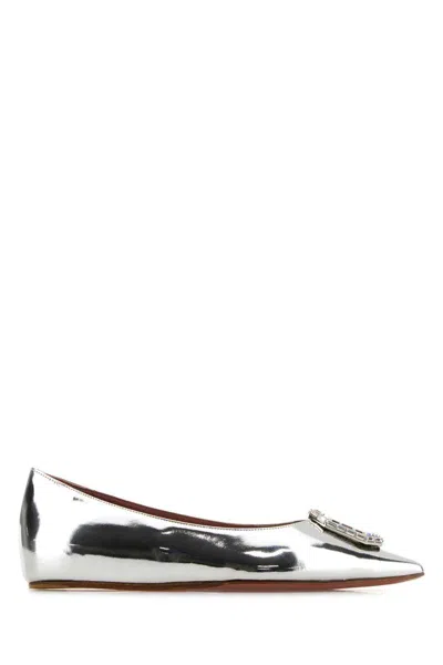Amina Muaddi Silver Leather Camelia Ballerinas In Silver