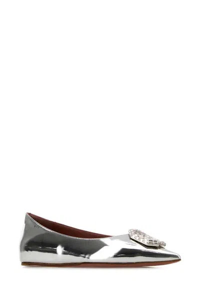 Amina Muaddi Silver Leather Camelia Ballerinas In Silver