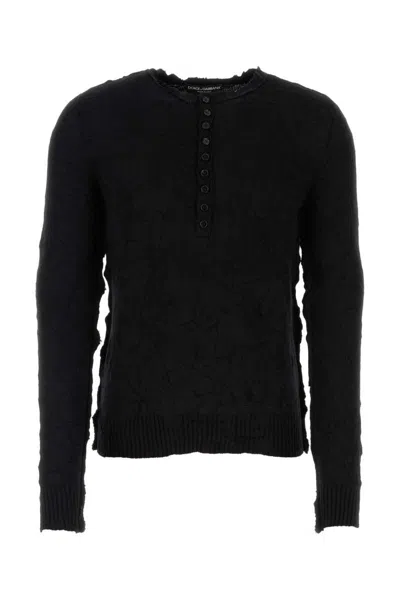 Dolce & Gabbana Buttoned Neckline Wool Blend Sweater In Black