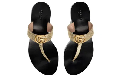 Gucci (wmns)  Double G Metallic Leather Gold Color Slippers