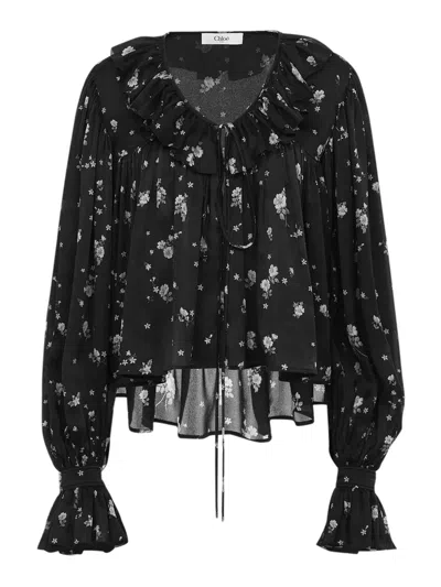 Chloé Maxi Gathered Ruffle Top In Silk Charmeuse In Black