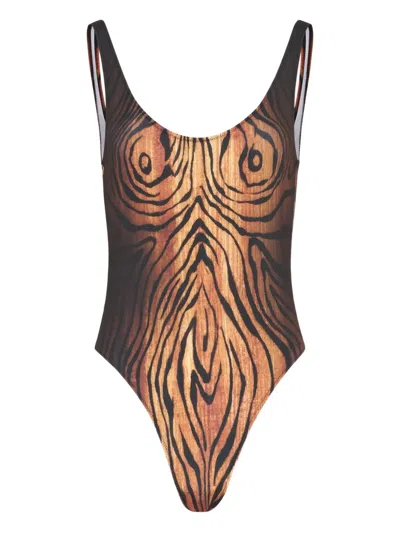 Jean Paul Gaultier Wood-print Scoopneck Swimsuit In Multi