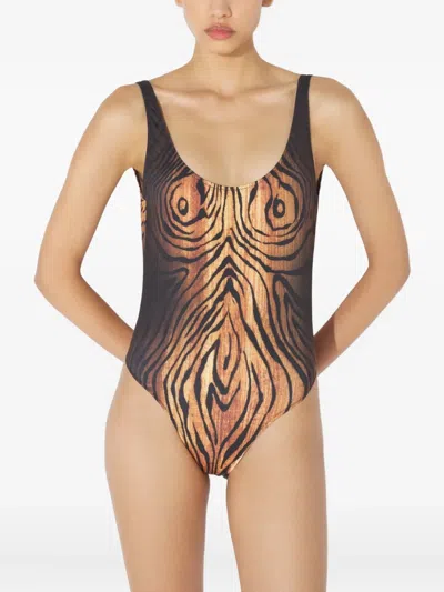 Jean Paul Gaultier Wood-print Scoopneck Swimsuit In Multi