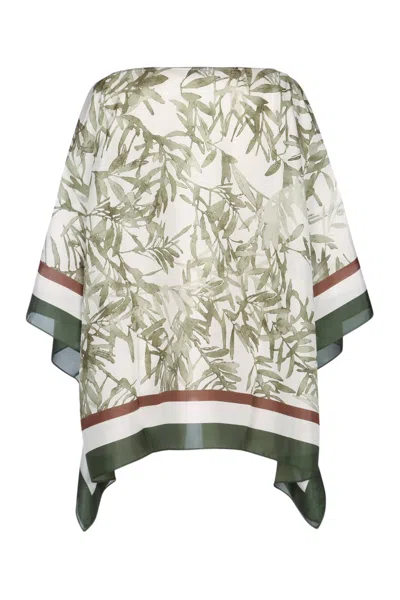 Brunello Cucinelli Green Herbarium Print Pongée Top With Monili