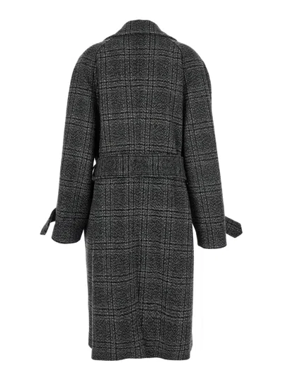 Balenciaga One Layer Checked Belted Coat In Gray