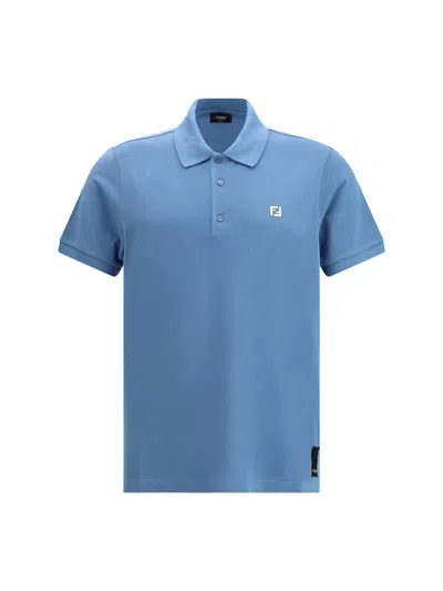 Fendi Piquet Polo Shirt With Collar And Short Sleeves In Blue