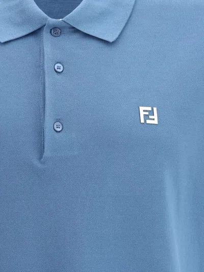 Fendi Piquet Polo Shirt With Collar And Short Sleeves In Blue