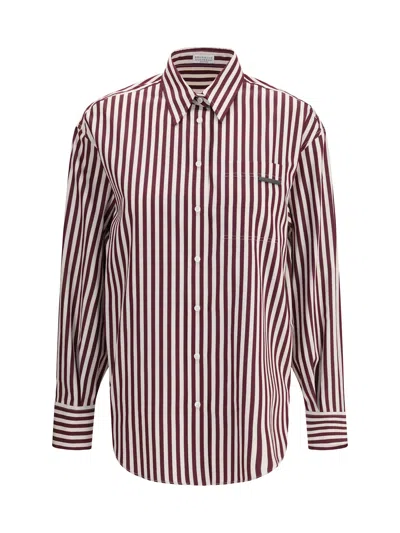 Brunello Cucinelli Logo Striped Long-sleeved Shirt In Red
