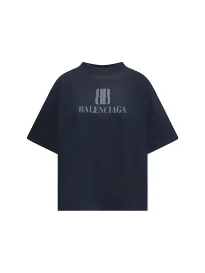 Balenciaga High-collar Black T-shirt With Logo Print In Blue