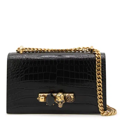 Alexander Mcqueen Crocodile Chain Shoulder Bag With Decorative Embellishments In Black