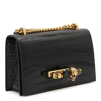 Alexander Mcqueen Crocodile Chain Shoulder Bag With Decorative Embellishments In Black