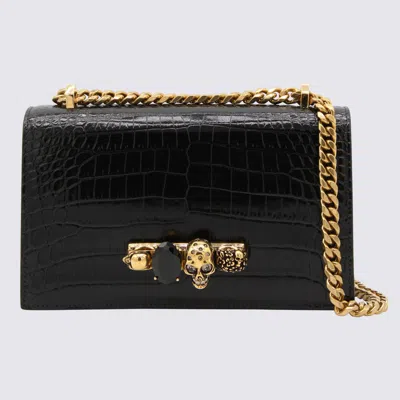 Alexander Mcqueen Crocodile Chain Shoulder Bag With Decorative Embellishments In Black