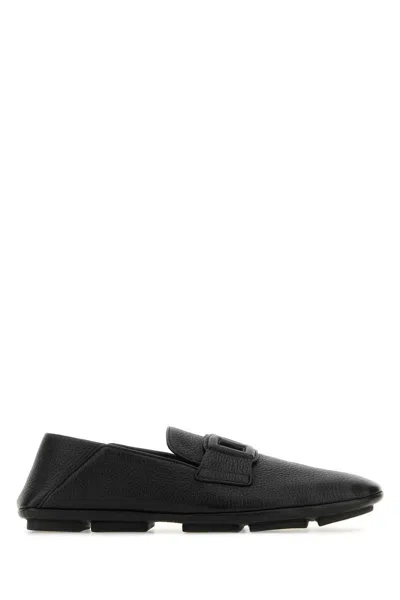 Dolce & Gabbana Leather Loafers With Round Toe And Textured Finish In Black