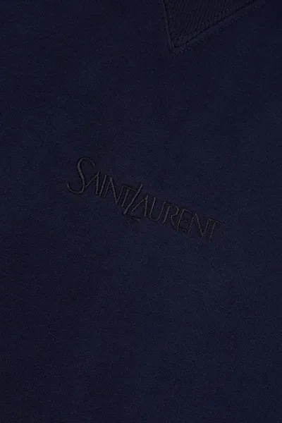 Saint Laurent Logo-embroidered Hooded Sweatshirt In Blue