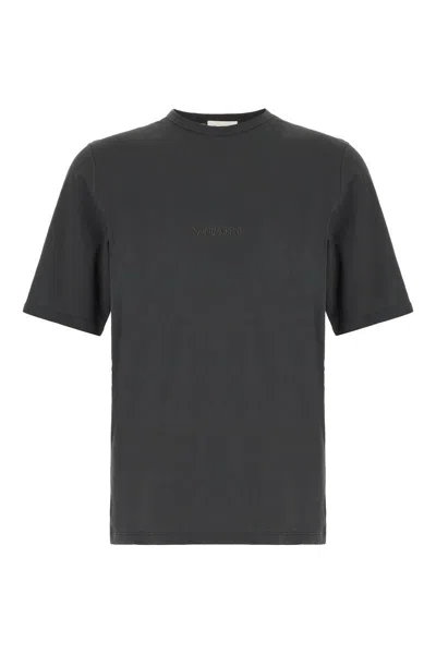 Saint Laurent Dark Grey T-shirt With Logo Lettering On The Front Tone-on-tone In Cotton Man In Animal Print