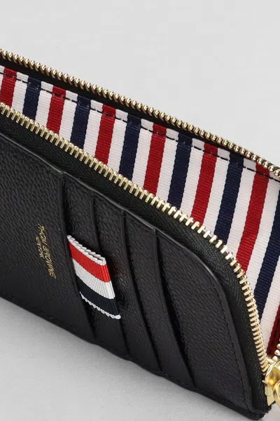 Thom Browne Black Grained Leather Zipped Wallet Wallets Black In Black