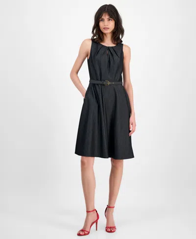 Tahari Asl Pleat Belted Fit & Flare Dress