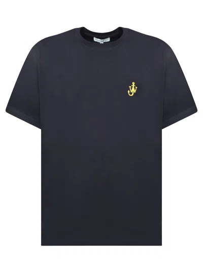 Jw Anderson Blue Crewneck T-shirt With Logo Embroidery On The Front In Black